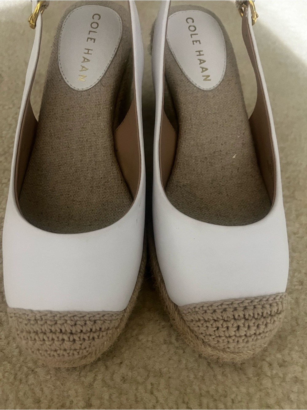 Cole Haan White and Tan Espadrille Slingback Wedges